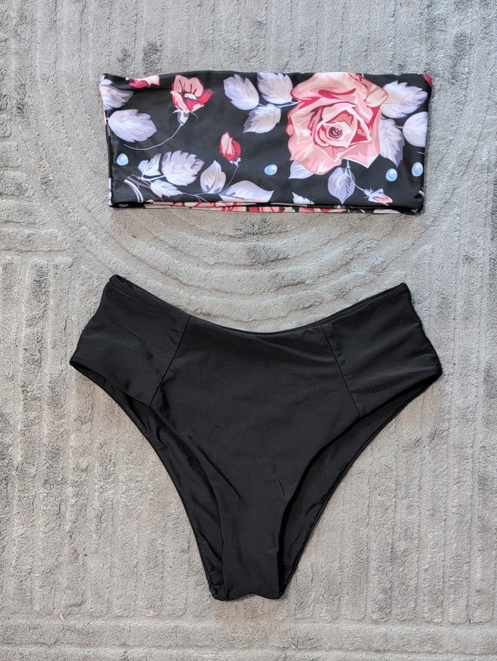 Floral Bandeau & Black High-Waist Bikini Bottoms